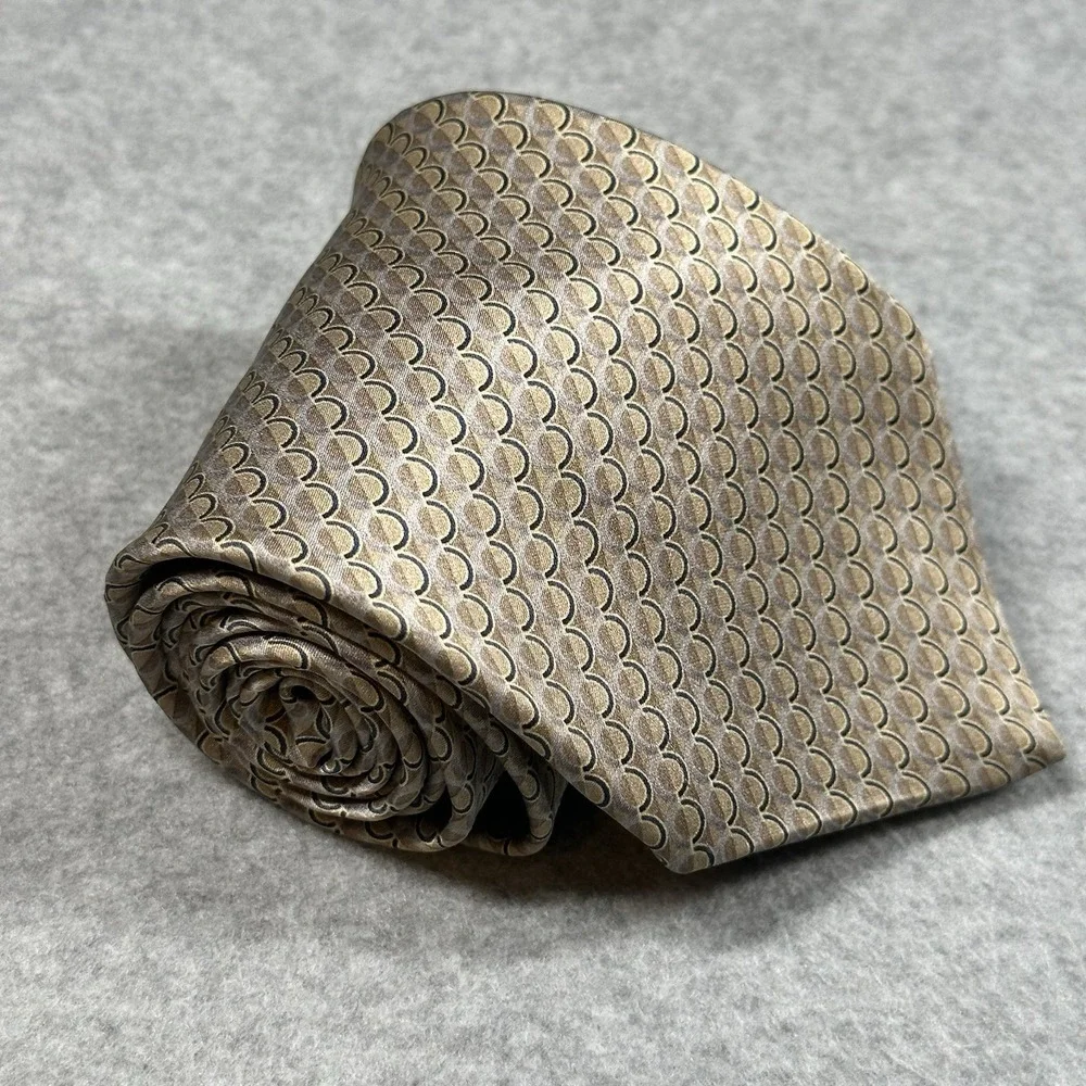 Vintage NEO Bill Blass Silk Tie Taupe Beige Navy Geometric Art Deco USA 58x3.75